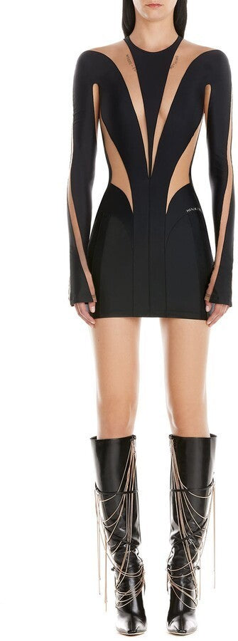 mugler long sleeve mini dress Mugler Sheer-Panel Long-Sleeve Minidress