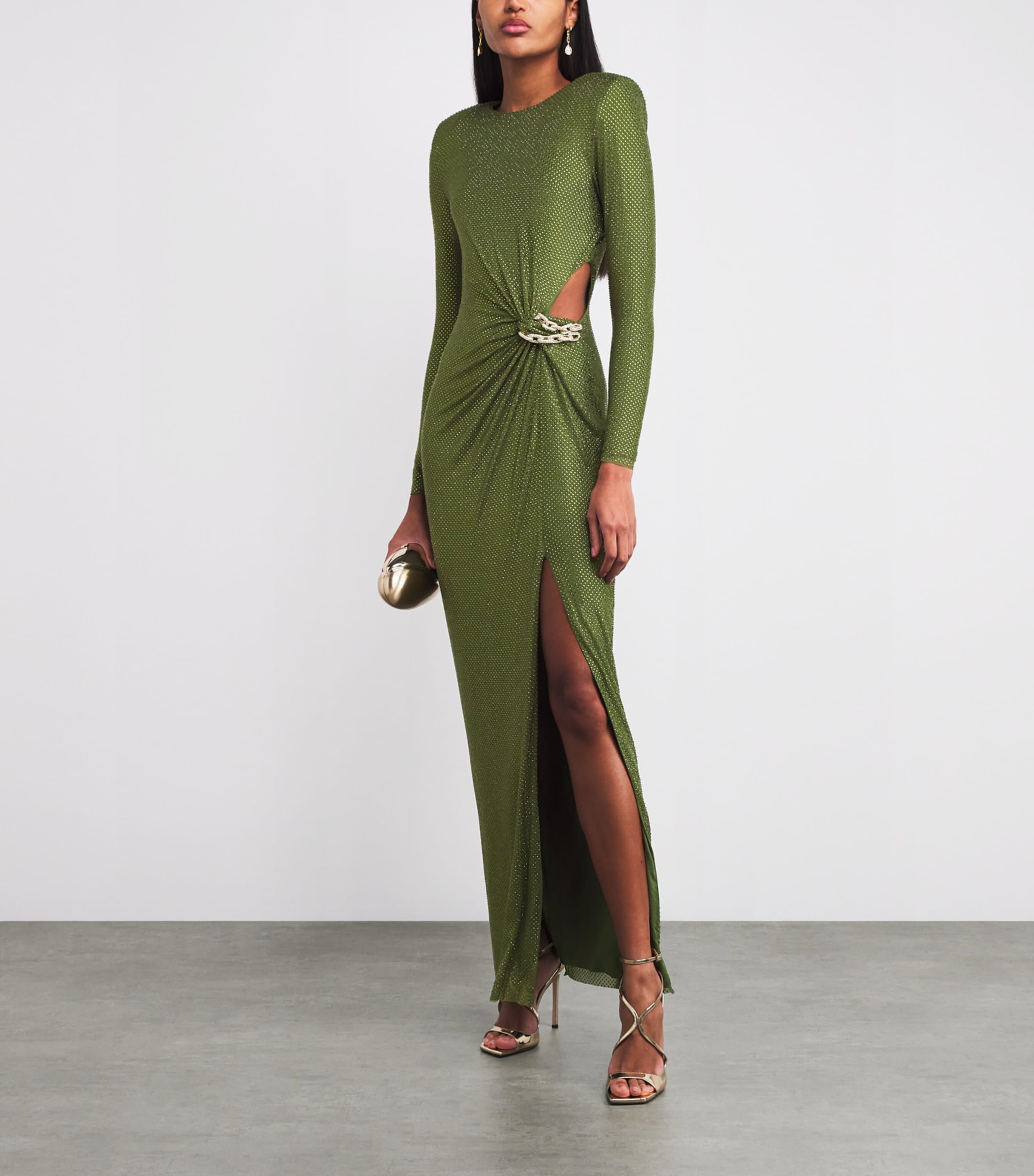 Self Portrait Olive Rhinestone Embellished Maxi Dress