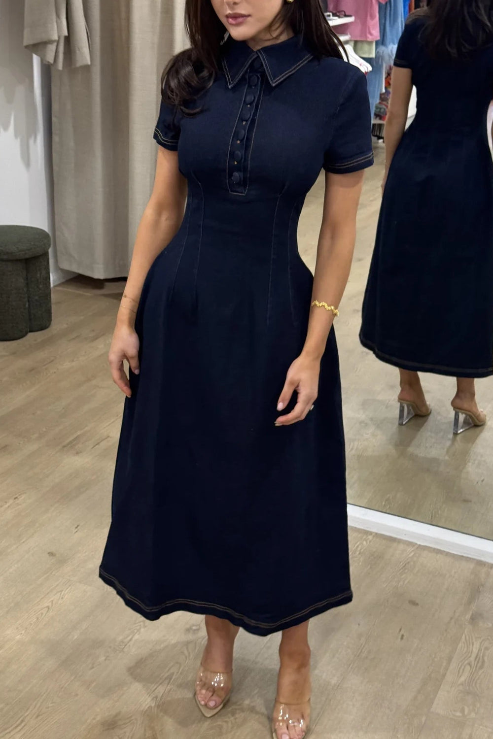 Odd Muse
Cotton Mix Denim Collared Midi Dress Dark Blue