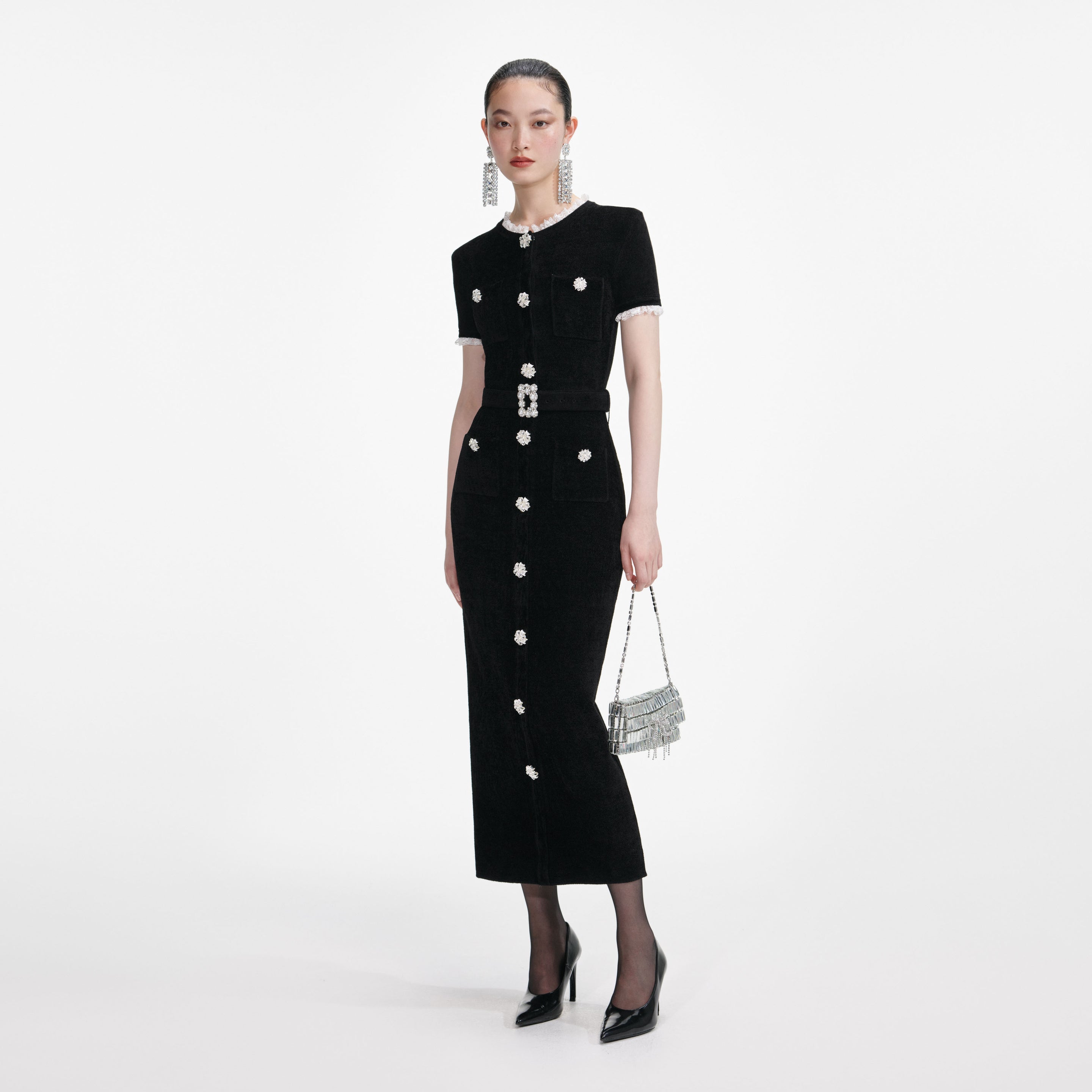 Self Portrait Black Chenille Knit Midi Dress