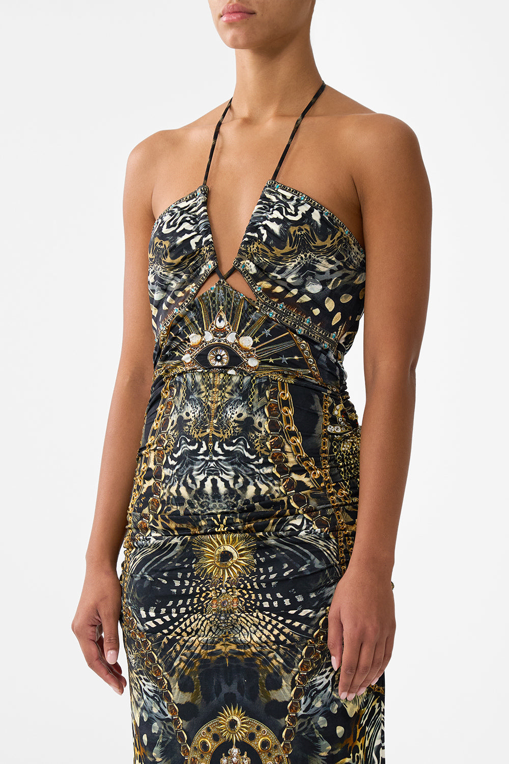 Camilla cut out sleeveless jersey halter neck dress