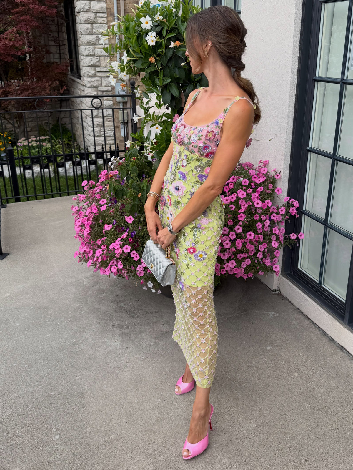 Floral Embellished Mesh Cocktail Dress