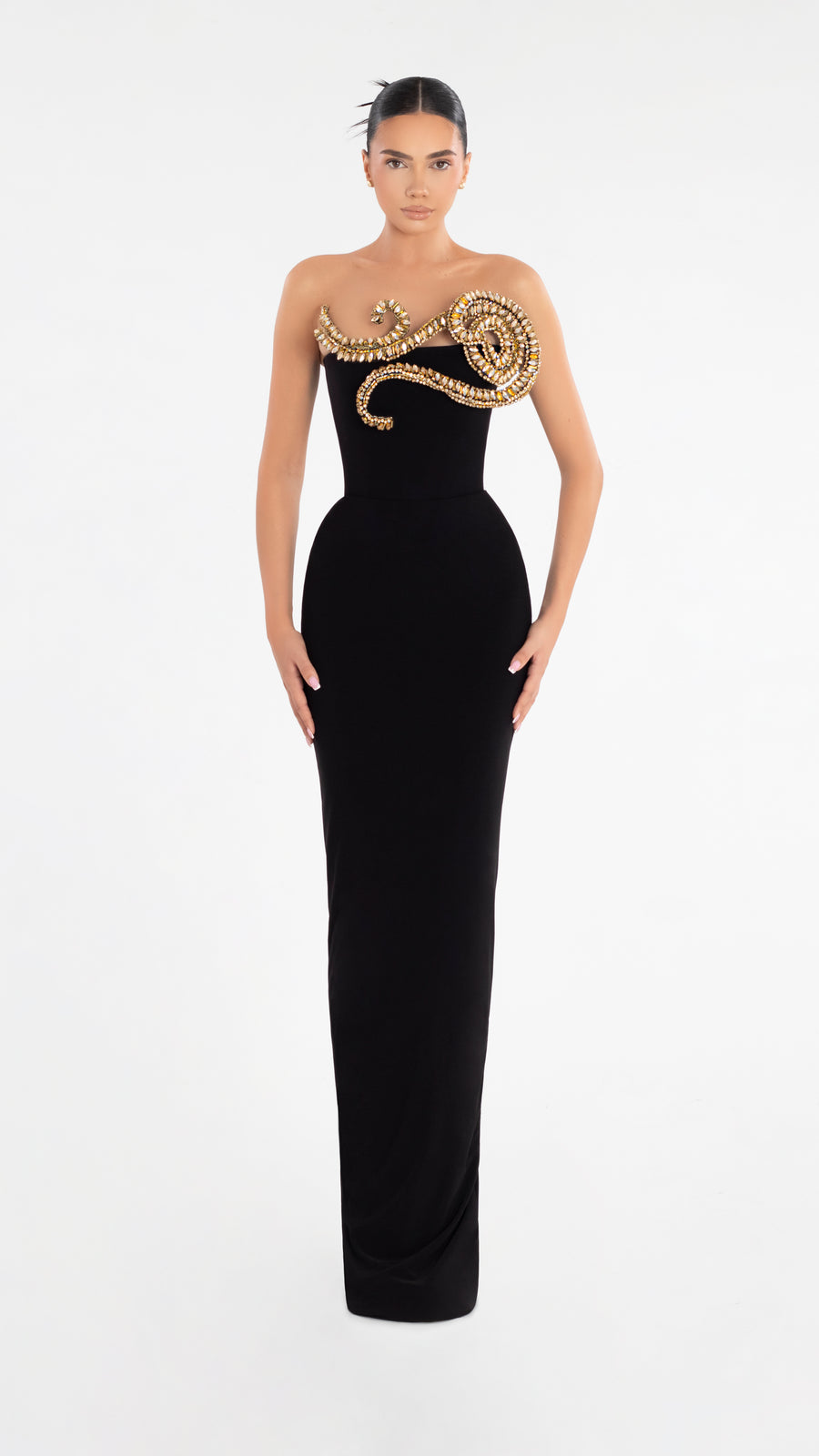 Albina Dyla Black Evening Dress with Gold Embellishment