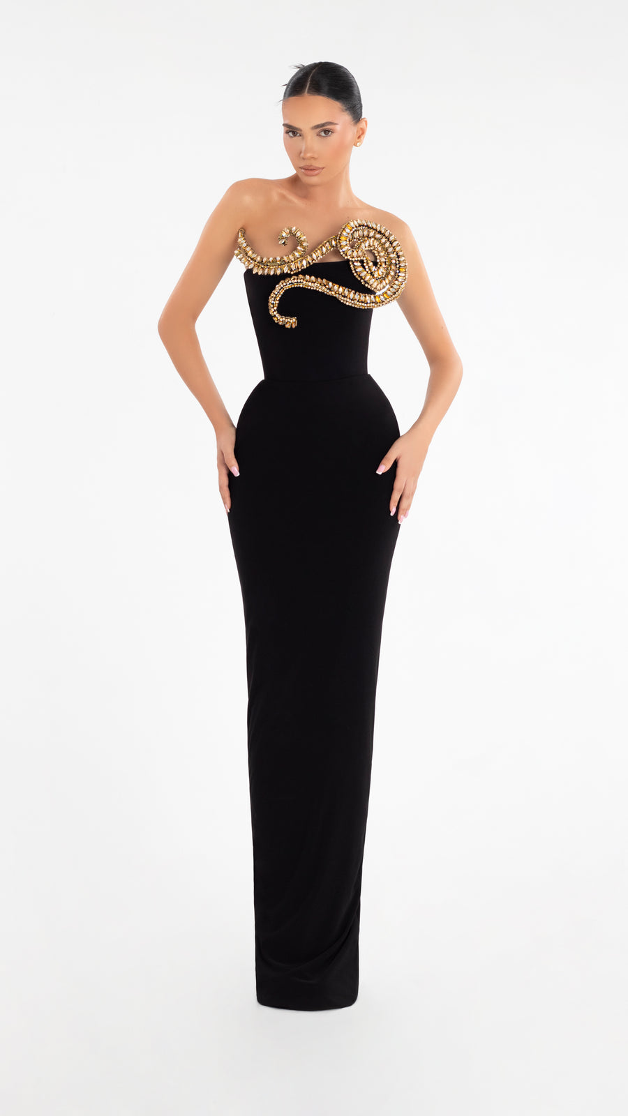 Albina Dyla Black Evening Dress with Gold Embellishment