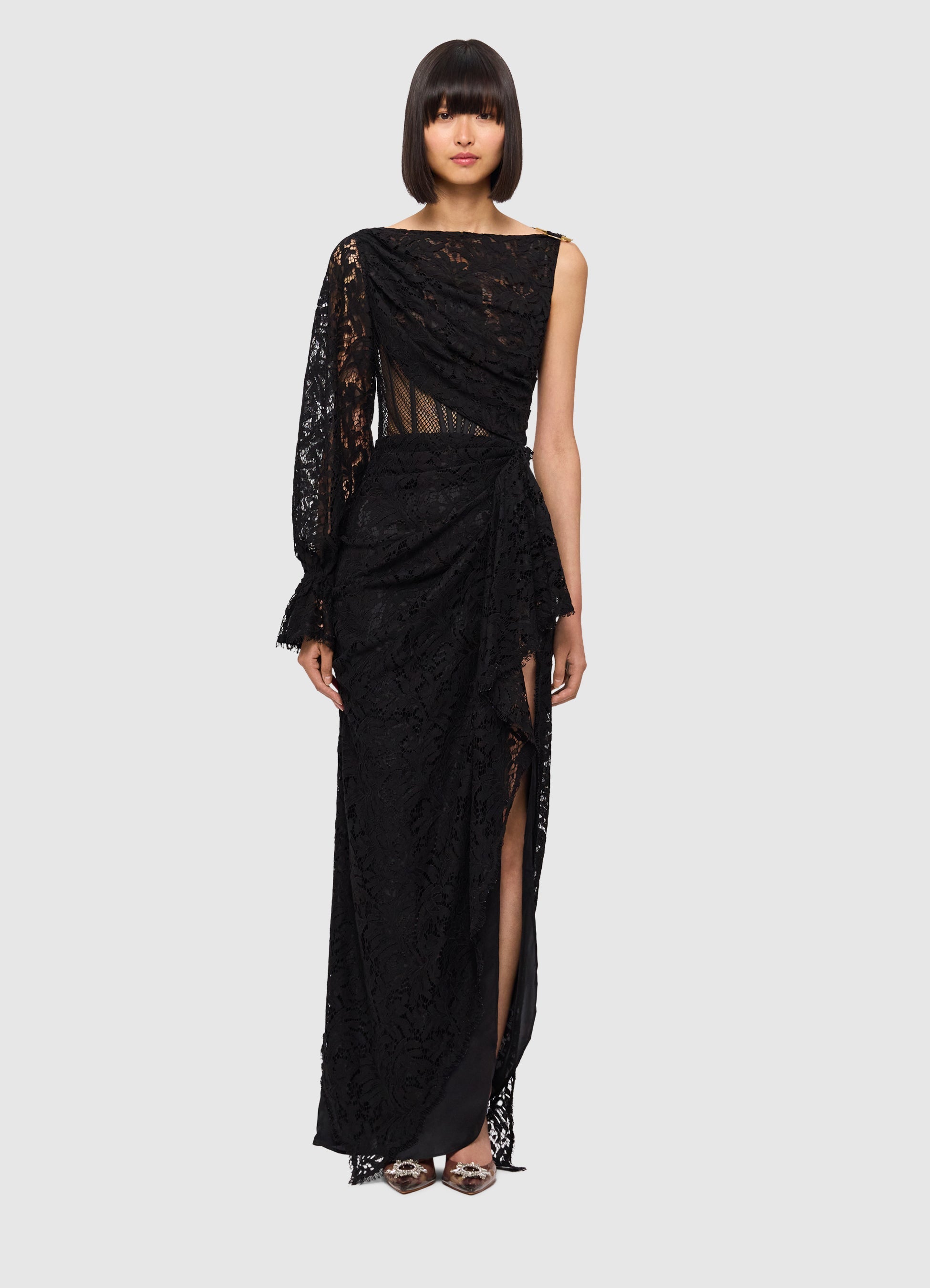 Leo Lin Nina Lace One Shoulder Draped Dress