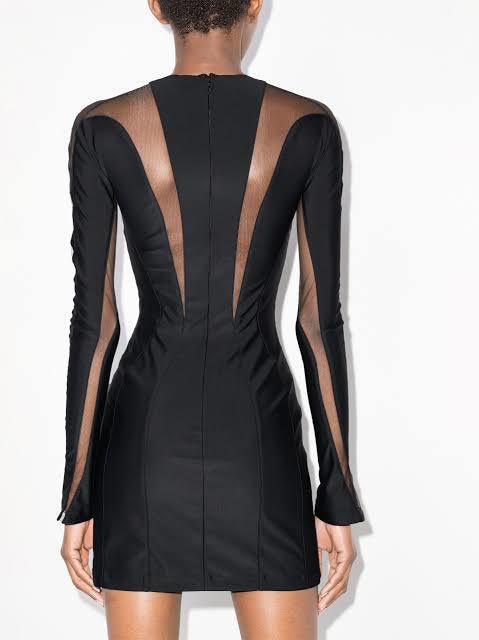 Mugler Sheer-Panel Long-Sleeve Minidress