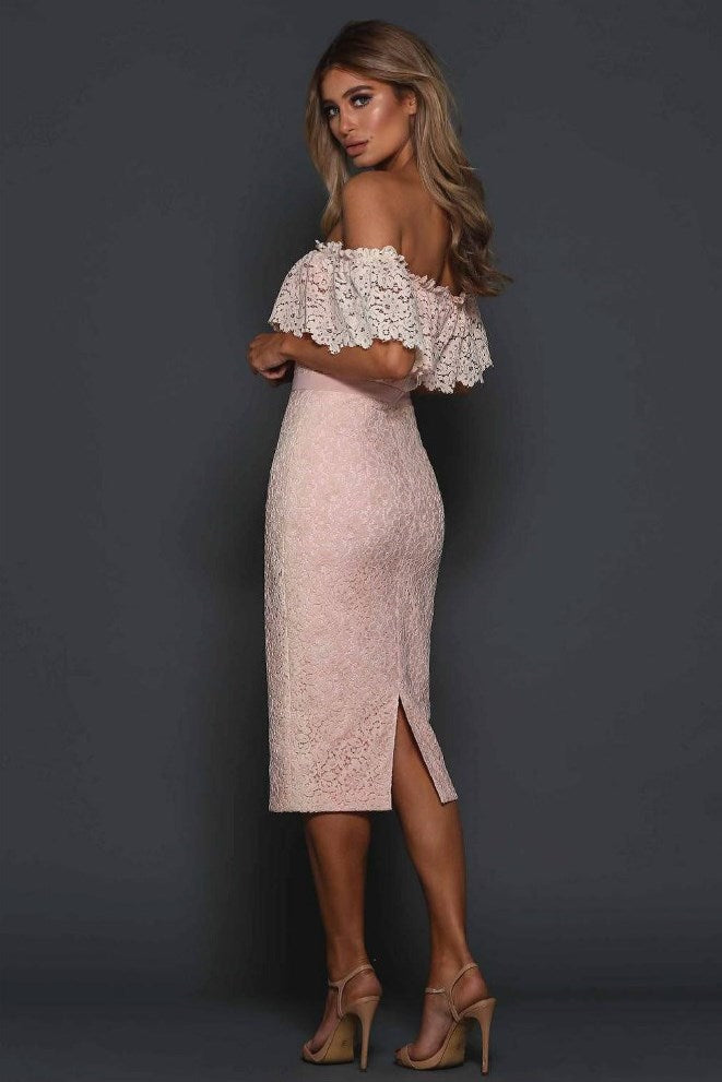 Elle zeitoune Scalloped Lace Off Shoulder Dress Peach