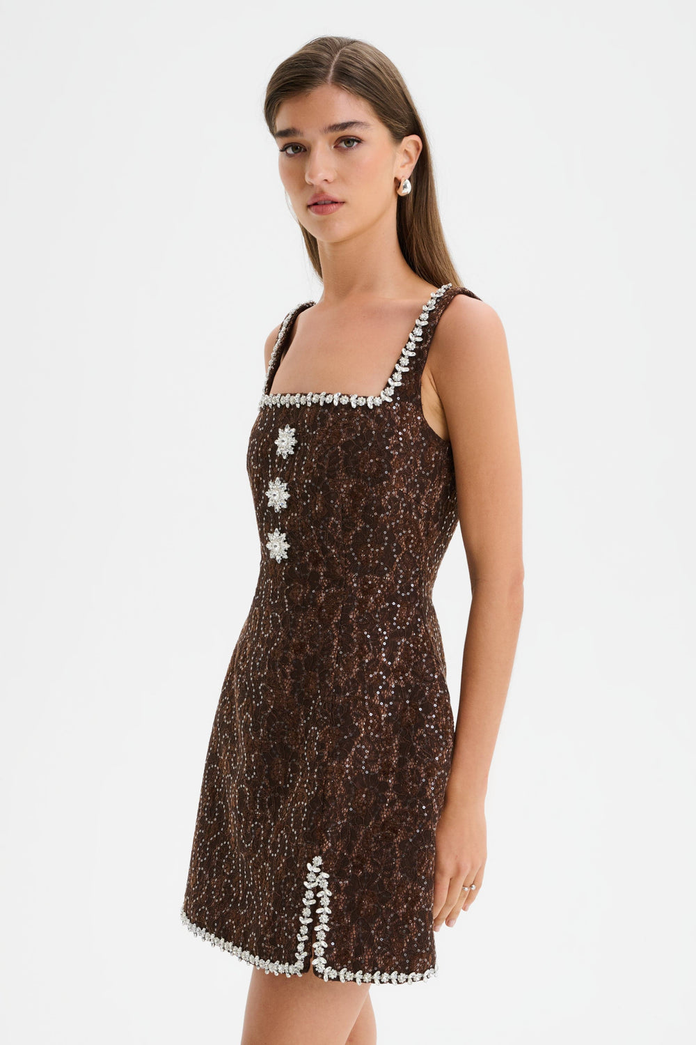 ZOEY Embellished Lace Boucle Tulip Mini Dress in Chocolate